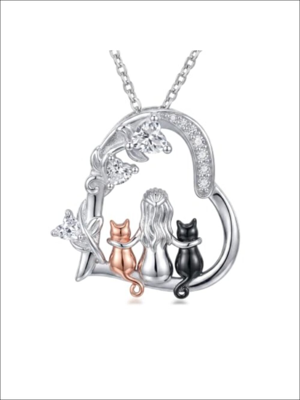 925 Sterling Silver Heart Cat Pendant Necklace Cubic Zirconia Jewelry Gift